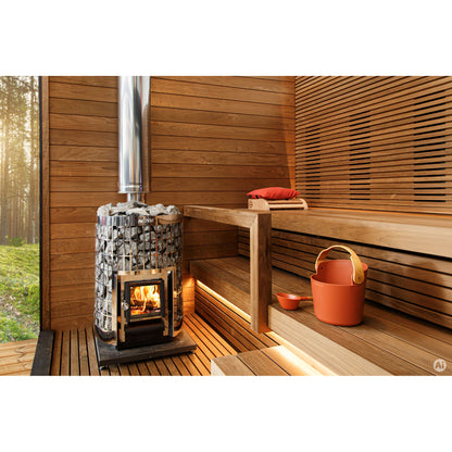 Harvia Cilindro 16 16kW in a sauna with a window onto the forest