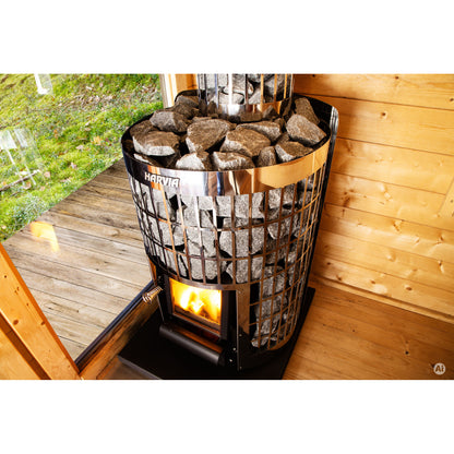 Harvia Cilindro 16 16kW on an outdoor sauna deck with the stones stacked high