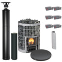 Harvia Cilindro 16 wood-burning sauna stove package with black steel chimney: Cilindro 16 stove, WHP1500M chimney kit, WHP1000M extension, WL200PC sheath, WL120 floor plate and six boxes of AC3020 stones