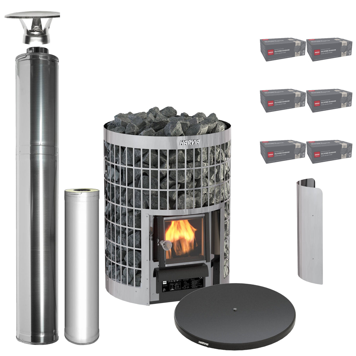 Harvia Cilindro 16 wood-burning sauna stove package with stainless steel chimney: Cilindro 16 stove, WHP1500 chimney kit, WHP1000 extension, WL200PC sheath, WL120 floor plate and six boxes of AC3020 stones