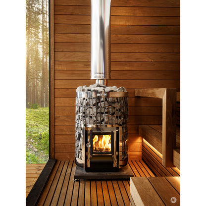 Harvia Cilindro 20 17kW on a timber sauna floor beside a forest window