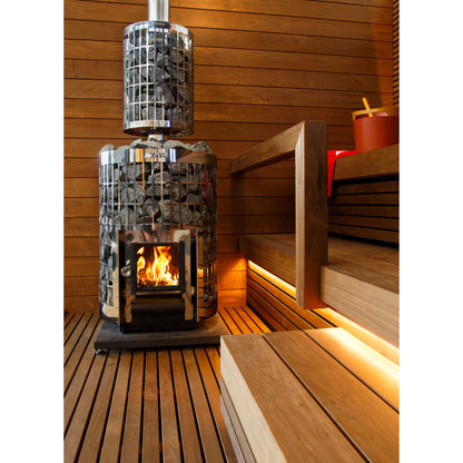 Harvia Cilindro 20 17kW in a warmly lit sauna with slatted benches