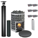 Harvia Cilindro 20 wood-burning sauna stove package with black steel chimney: Cilindro 20 stove, WHP1500M chimney kit, WHP1000M extension, WL200PC sheath, WL120 floor plate and six boxes of AC3020 stones