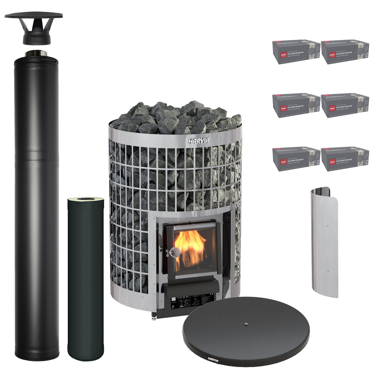 Harvia Cilindro 20 wood-burning sauna stove package with black steel chimney: Cilindro 20 stove, WHP1500M chimney kit, WHP1000M extension, WL200PC sheath, WL120 floor plate and six boxes of AC3020 stones