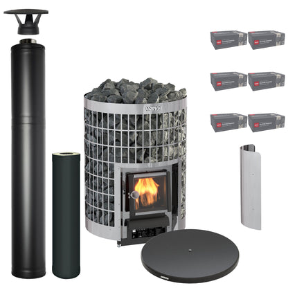 Harvia Cilindro 20 wood-burning sauna stove package with black steel chimney: Cilindro 20 stove, WHP1500M chimney kit, WHP1000M extension, WL200PC sheath, WL120 floor plate and six boxes of AC3020 stones