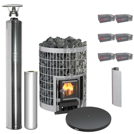 Harvia Cilindro 20 wood-burning sauna stove package with stainless steel chimney: Cilindro 20 stove, WHP1500 chimney kit, WHP1000 extension, WL200PC sheath, WL120 floor plate and six boxes of AC3020 stones