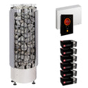 Harvia Cilindro PC110E sauna heater package with Fenix FX45 control: the PC110E heater, Fenix FX45 control panel and power unit, and six boxes of AC3000 stones