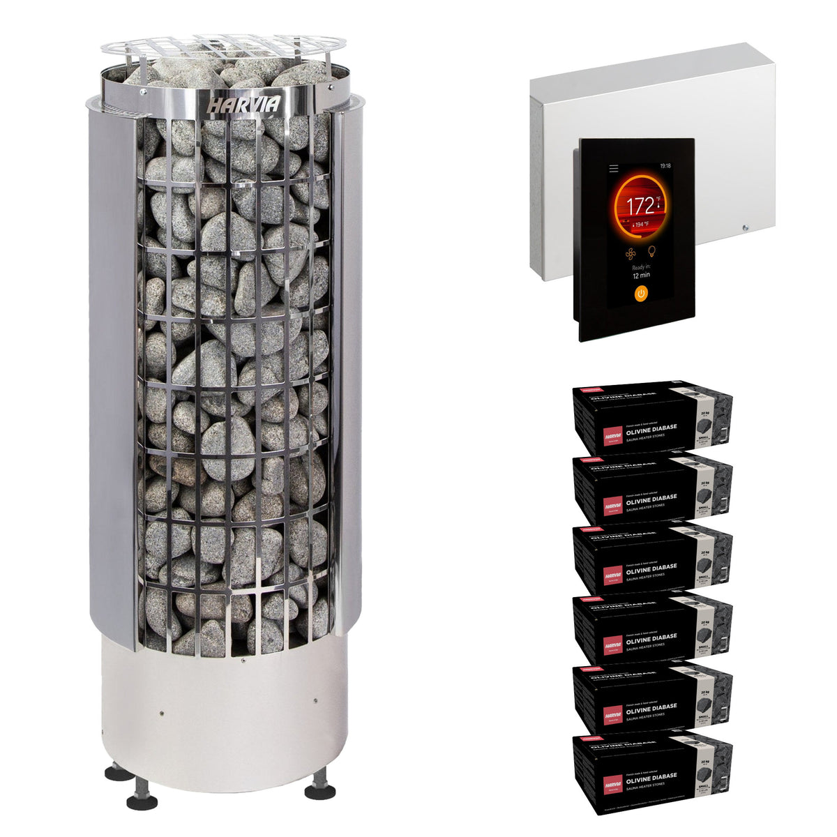 Harvia Cilindro PC110E sauna heater package with Fenix FX45 control: the PC110E heater, Fenix FX45 control panel and power unit, and six boxes of AC3000 stones