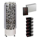 Harvia Cilindro PC110E sauna heater package with Xenio CX45 control: the PC110E heater, Xenio CX45 control panel and power unit, and six boxes of AC3000 stones