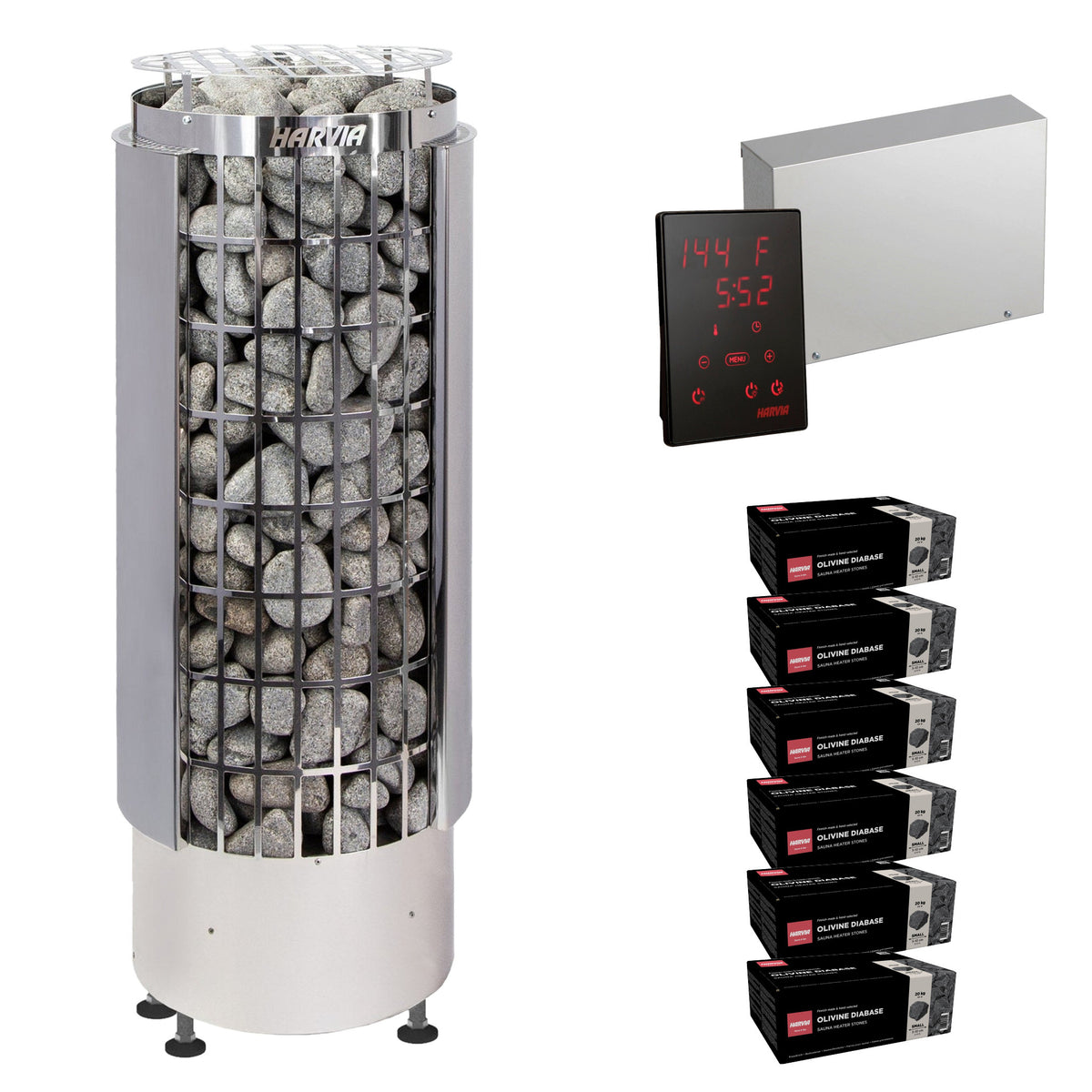 Harvia Cilindro PC110E sauna heater package with Xenio CX45 control: the PC110E heater, Xenio CX45 control panel and power unit, and six boxes of AC3000 stones