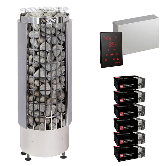 Harvia Cilindro PC110E sauna heater package with Xenio CX45 control: the PC110E heater, Xenio CX45 control panel and power unit, and six boxes of AC3000 stones