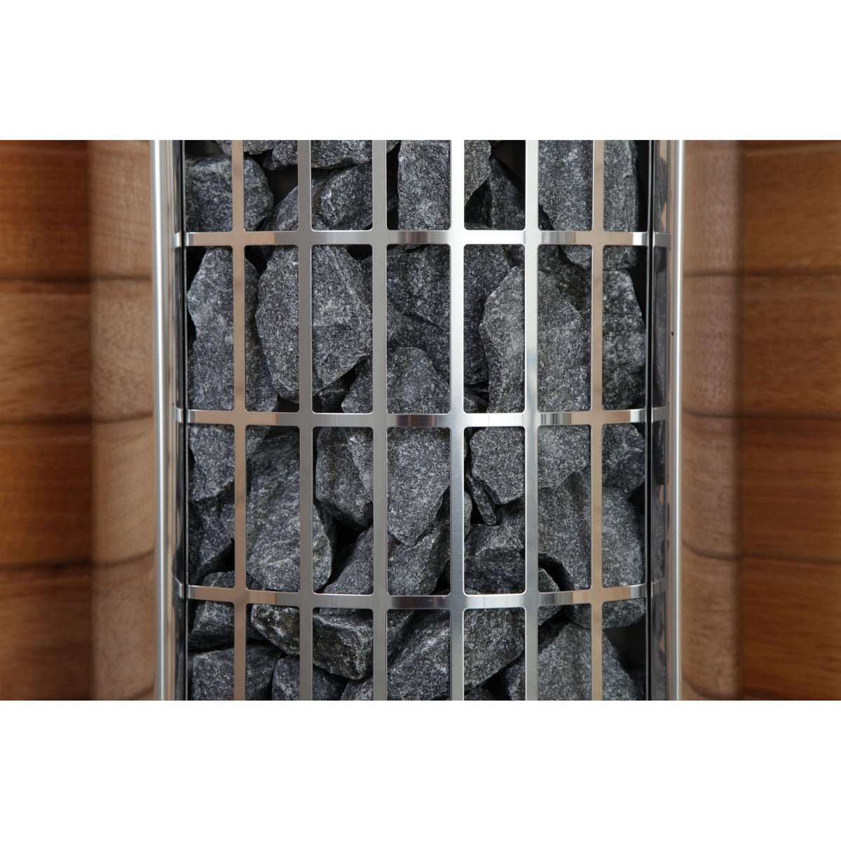 Close view of the stones behind the stainless guard of the Harvia Cilindro PC60E 6kW