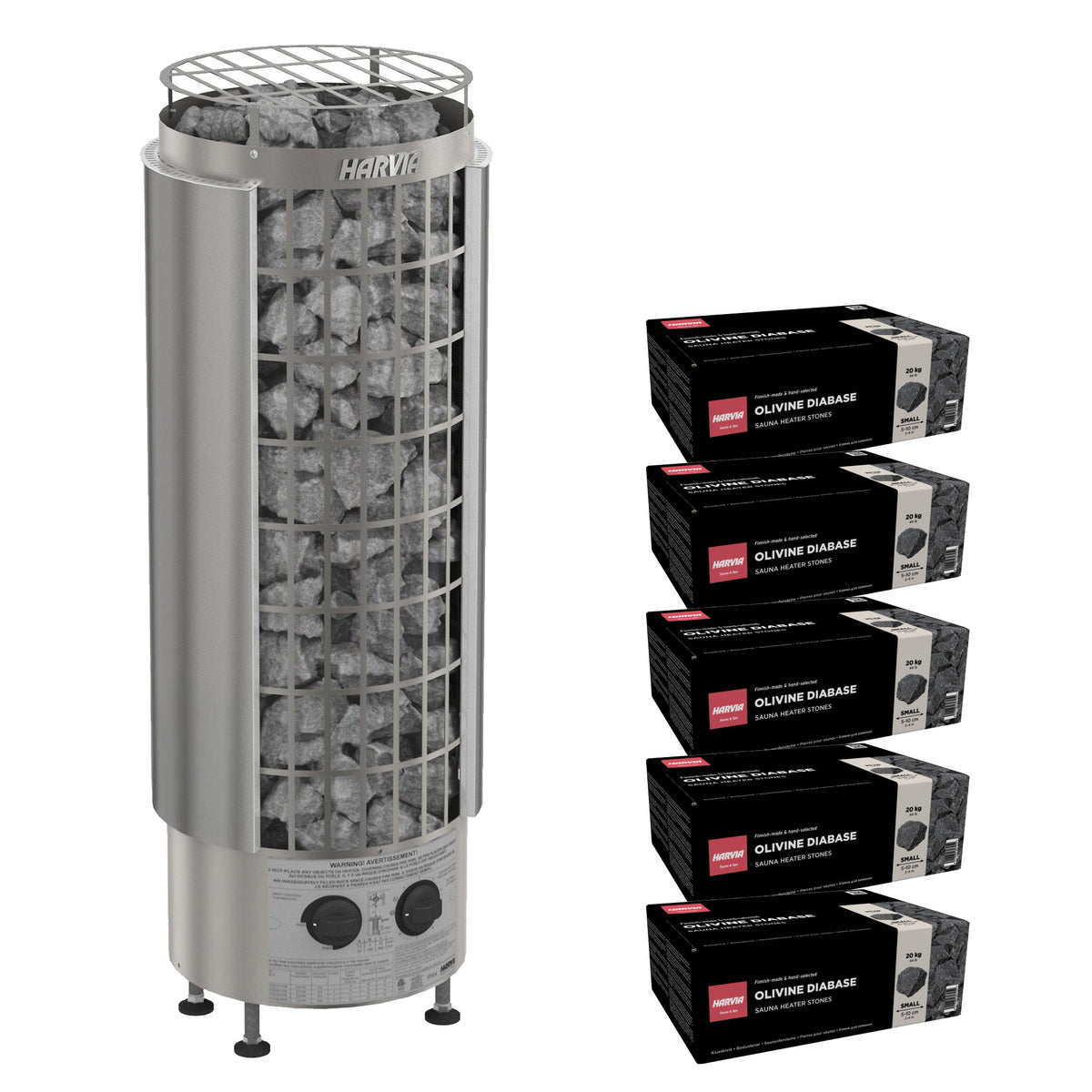 Harvia Cilindro PC80 sauna heater package: the stainless steel PC80 heater with built-in controls and five boxes of AC3000 stones