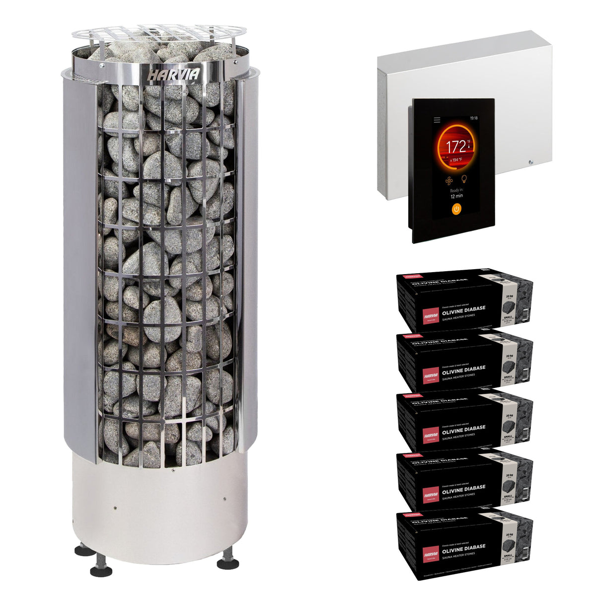 Harvia Cilindro PC80E sauna heater package with Fenix FX45 control: the PC80E heater, Fenix FX45 control panel and power unit, and five boxes of AC3000 stones