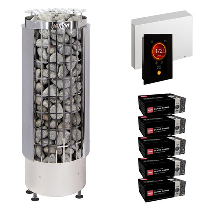 Harvia Cilindro PC80E sauna heater package with Fenix FX45 control: the PC80E heater, Fenix FX45 control panel and power unit, and five boxes of AC3000 stones