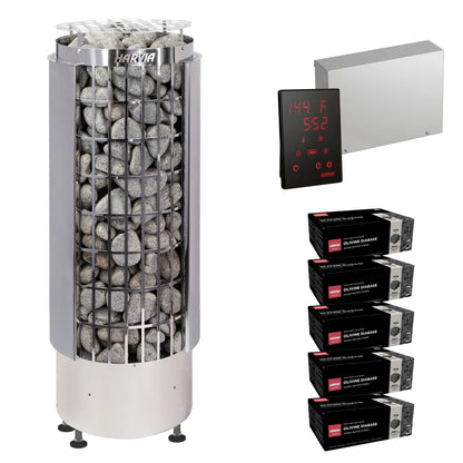 Harvia Cilindro PC80E sauna heater package with Xenio CX45 control: the PC80E heater, Xenio CX45 control panel and power unit, and five boxes of AC3000 stones