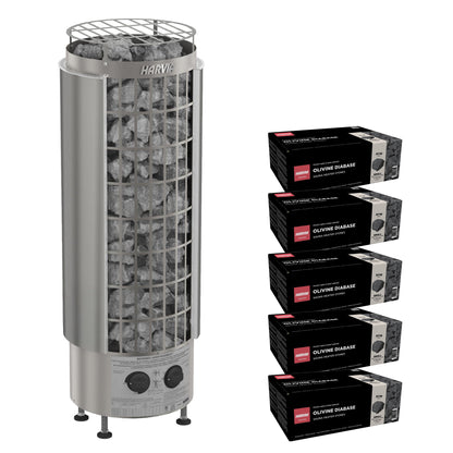 Harvia Cilindro PC90 sauna heater package: the stainless steel PC90 heater with built-in controls and five boxes of AC3000 stones