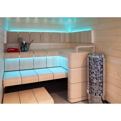 Harvia Cilindro PC90E 9kW in a sauna with cyan LED bench lighting