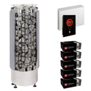 Harvia Cilindro PC90E sauna heater package with Fenix FX45 control: the PC90E heater, Fenix FX45 control panel and power unit, and five boxes of AC3000 stones