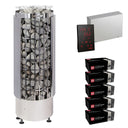 Harvia Cilindro PC90E sauna heater package with Xenio CX45 control: the PC90E heater, Xenio CX45 control panel and power unit, and five boxes of AC3000 stones