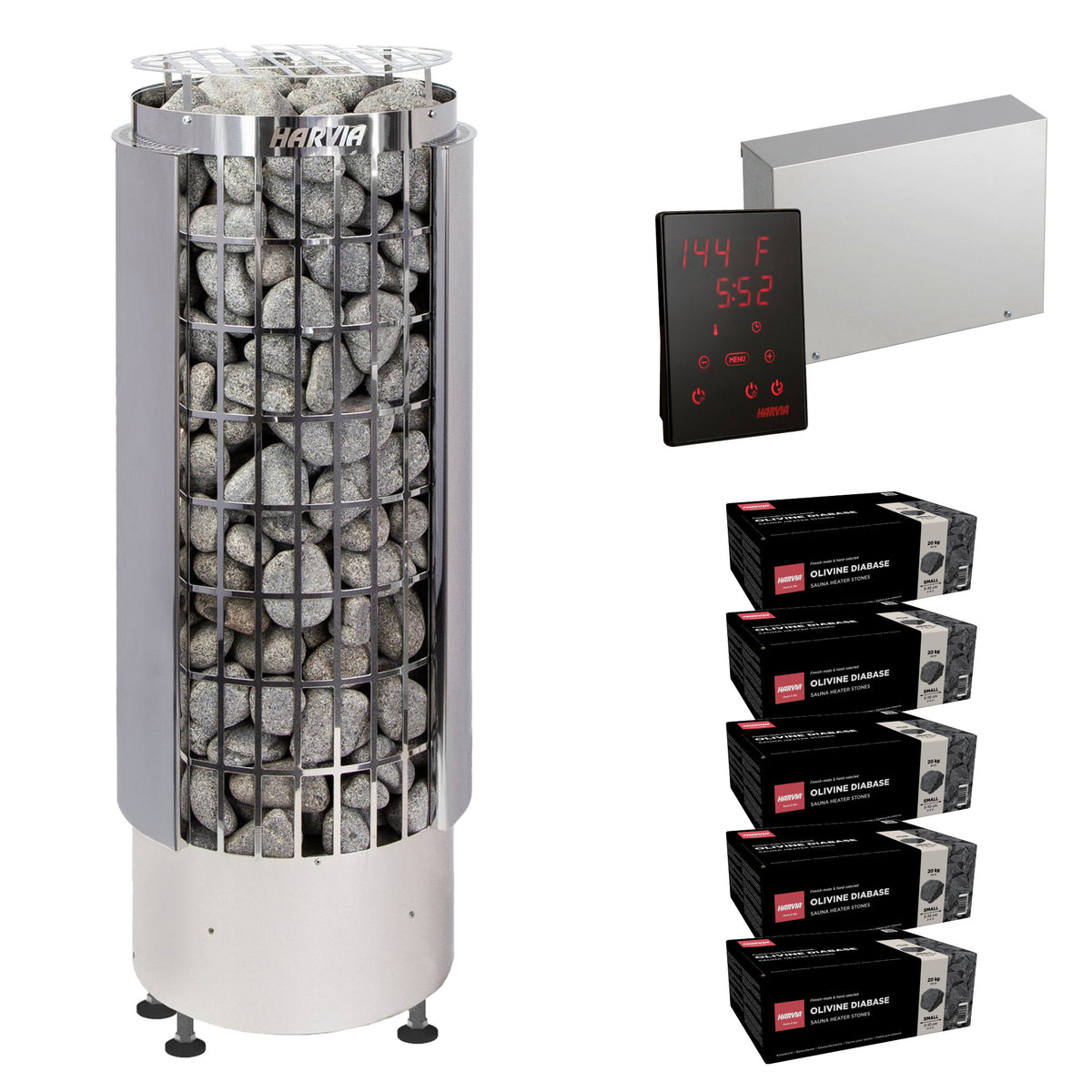 Harvia Cilindro PC90E sauna heater package with Xenio CX45 control: the PC90E heater, Xenio CX45 control panel and power unit, and five boxes of AC3000 stones