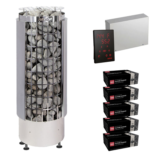Harvia Cilindro PC90E sauna heater package with Xenio CX45 control: the PC90E heater, Xenio CX45 control panel and power unit, and five boxes of AC3000 stones