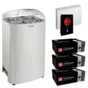 Harvia Club K10G sauna heater package with Fenix FX45 control: the K10G heater, Fenix FX45 control panel and power unit, and three boxes of AC3000 stones