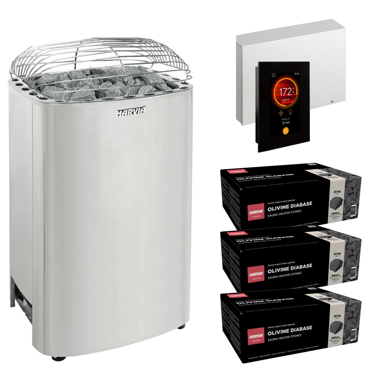 Harvia Club K10G sauna heater package with Fenix FX45 control: the K10G heater, Fenix FX45 control panel and power unit, and three boxes of AC3000 stones