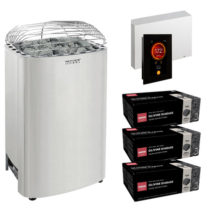 Harvia Club K12.5G sauna heater package with Fenix FX45 control: the K12.5G heater, Fenix FX45 control panel and power unit, and three boxes of AC3000 stones