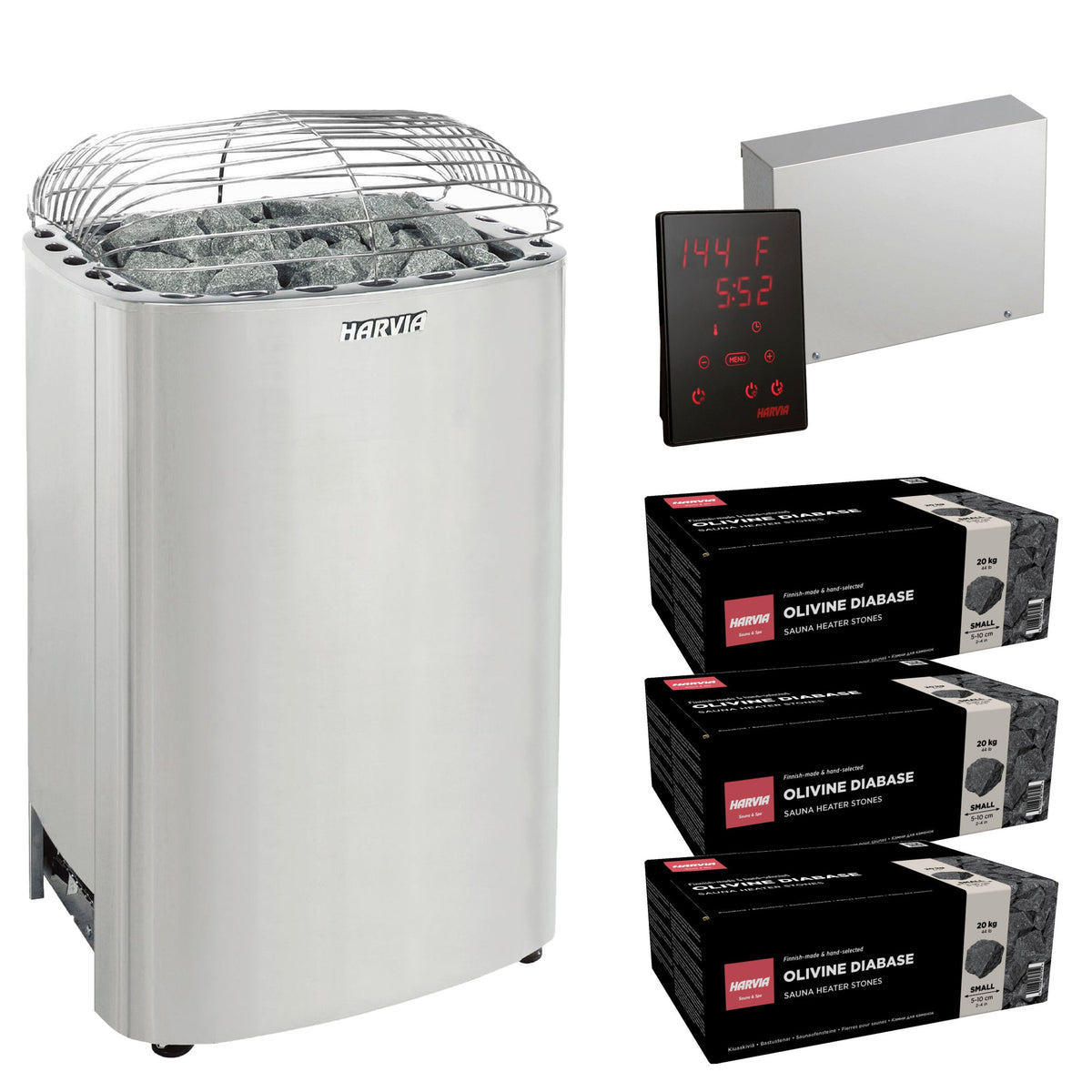Harvia Club K15G sauna heater package with Xenio CX45 control: the K15G heater, Xenio CX45 control panel and power unit, and three boxes of AC3000 stones