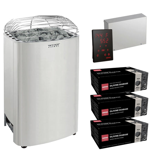 Harvia Club K15G sauna heater package with Xenio CX45 control: the K15G heater, Xenio CX45 control panel and power unit, and three boxes of AC3000 stones