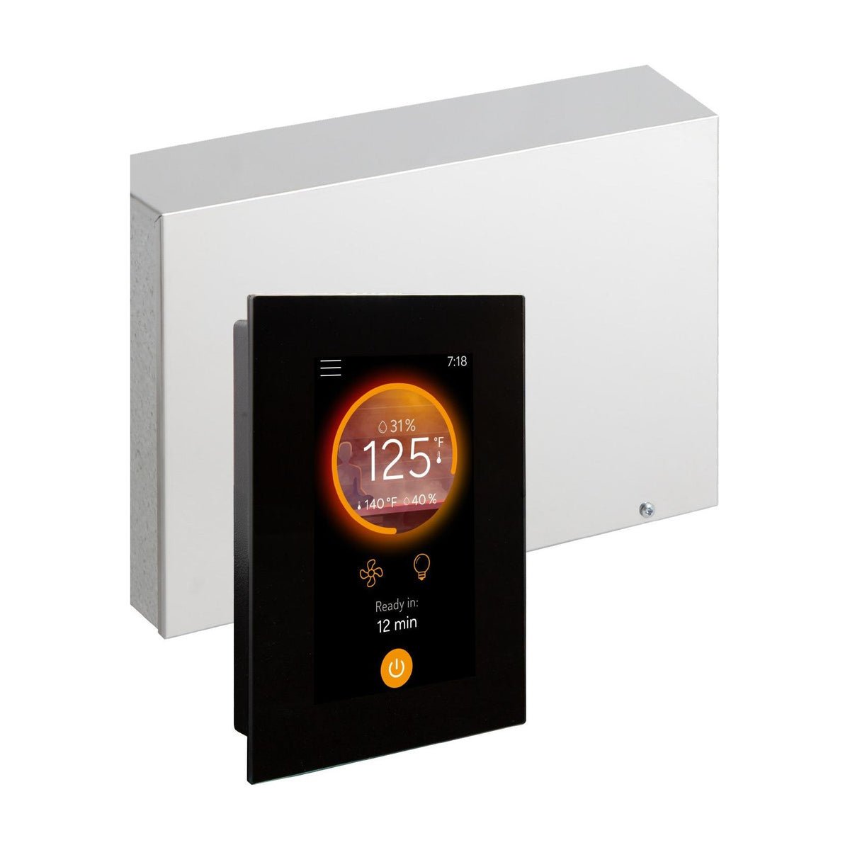 Harvia Fenix FX30C combi sauna control, 4.3 inch touch screen panel in front of its power unit