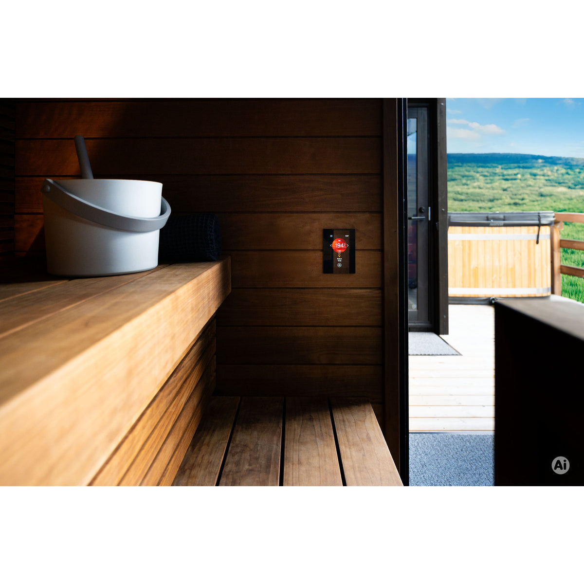 Harvia Fenix FX45 control panel mounted on a sauna wall beside the bench