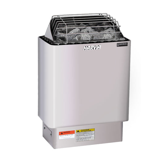 Harvia KIP45W 4.5kW wall-mounted electric sauna heater in stainless steel, 208V 3-phase, front view showing the stone basket and rating label, on white