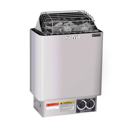 Harvia KIP60B 6kW electric sauna heater in stainless steel, front view with the built-in control dials, studio photo on white