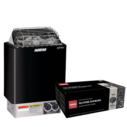 Harvia KIP60B sauna heater package in graphite black: the KIP60B heater with built-in controls and a 44 lb box of AC3000 stones