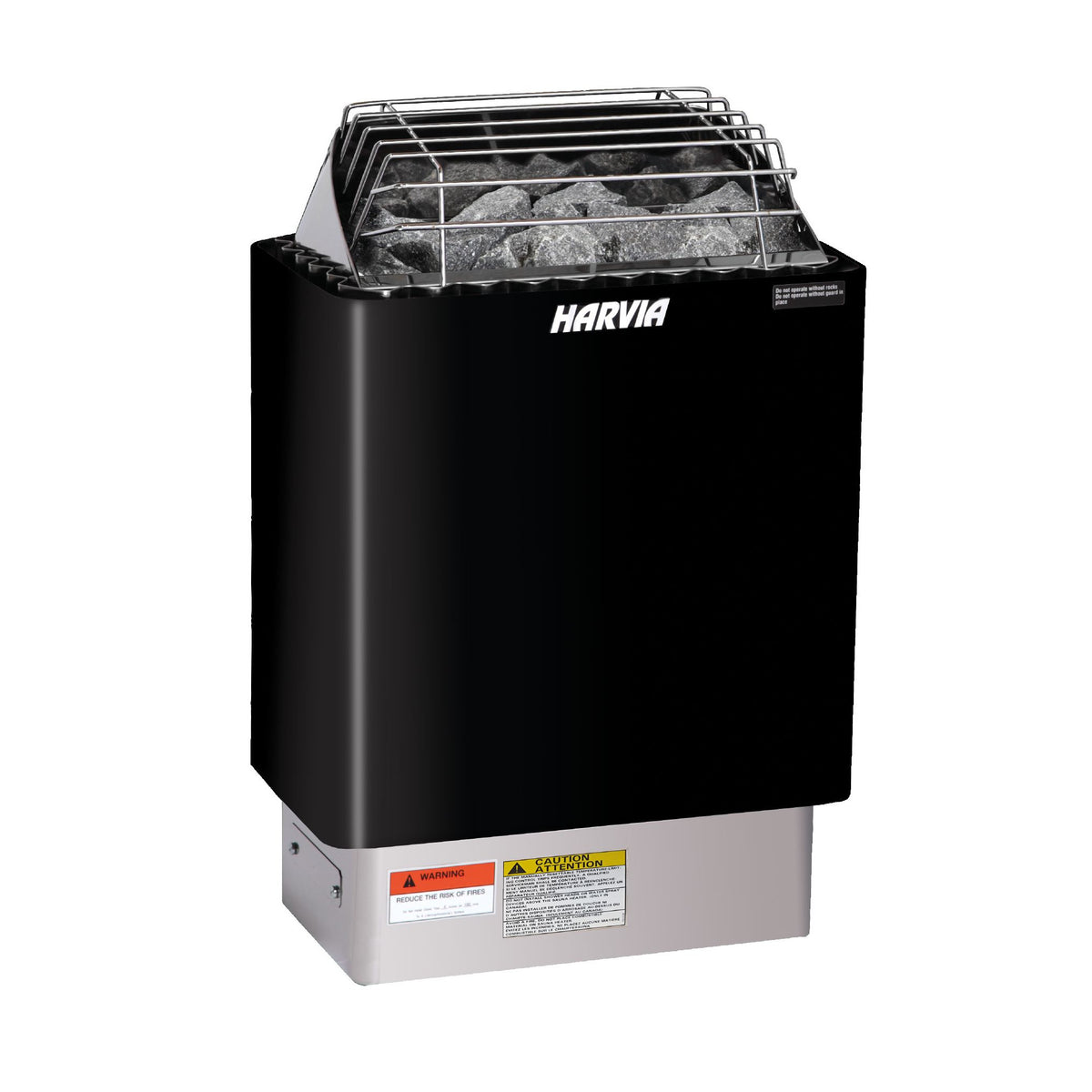 Harvia KIP60W 6kW wall-mounted electric sauna heater in graphite black, front view with the wire stone guard and rating label, on white