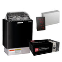 Harvia KIP60W sauna heater package in graphite black: the KIP60W heater, Xenio CX170 control panel and power unit, and a 44 lb box of AC3000 stones