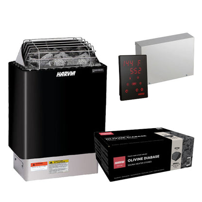 Harvia KIP60W sauna heater package in graphite black: the KIP60W heater, Xenio CX170 control panel and power unit, and a 44 lb box of AC3000 stones
