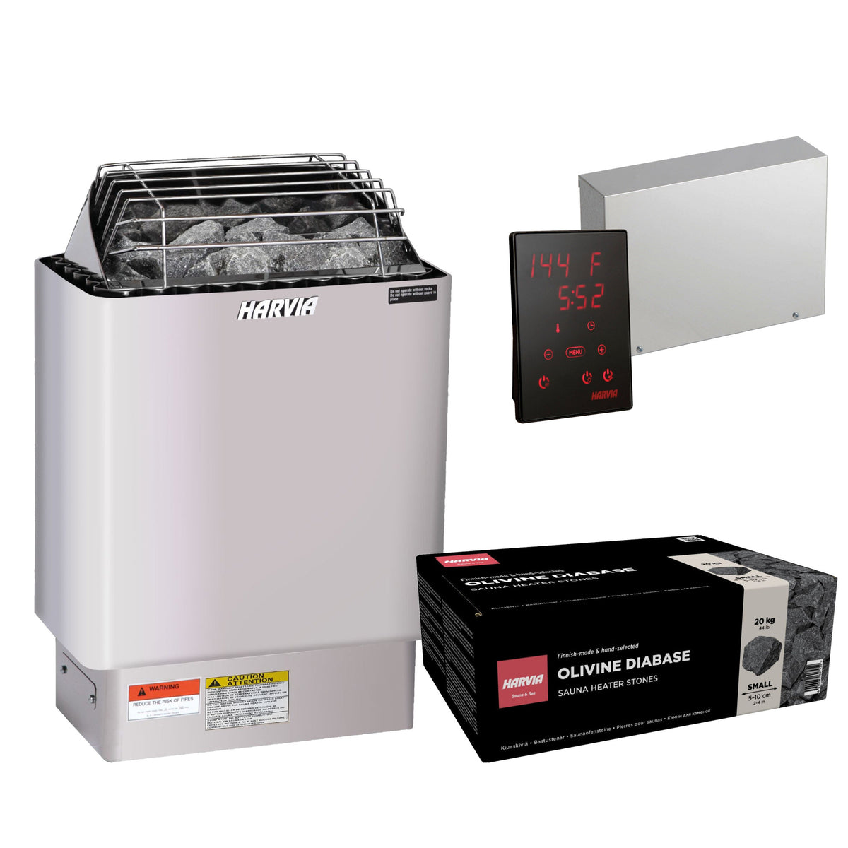 Harvia KIP60W sauna heater package in stainless steel: the KIP60W heater, Xenio CX170 control panel and power unit, and a 44 lb box of AC3000 stones