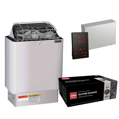 Harvia KIP60W sauna heater package in stainless steel: the KIP60W heater, Xenio CX170 control panel and power unit, and a 44 lb box of AC3000 stones