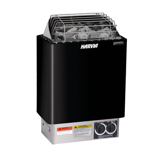 Harvia KIP80B 8kW electric sauna heater in graphite black, front view with the built-in control dials, studio photo on white