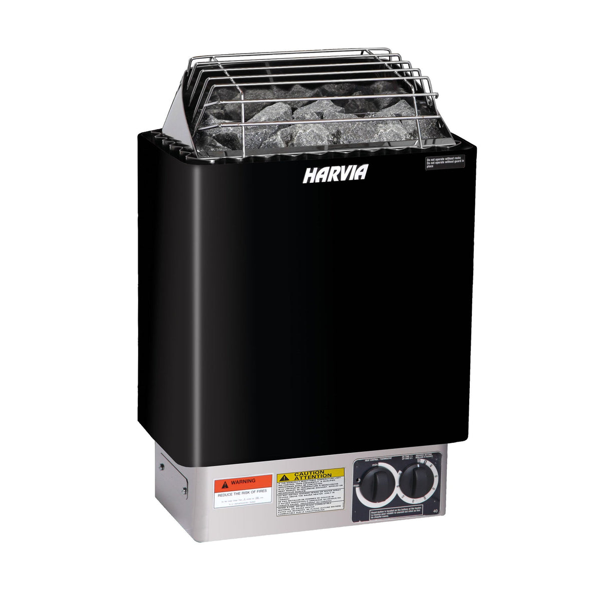 Harvia KIP80B 8kW electric sauna heater in graphite black, front view with the built-in control dials, studio photo on white
