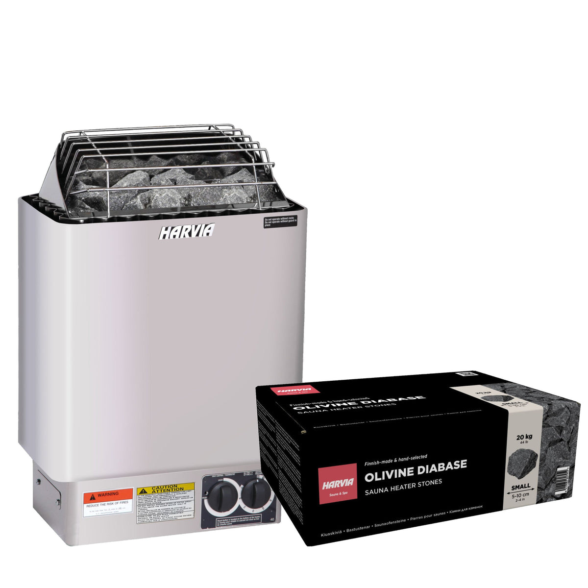 Harvia KIP80B sauna heater package in stainless steel: the KIP80B heater with built-in controls and a 44 lb box of AC3000 stones