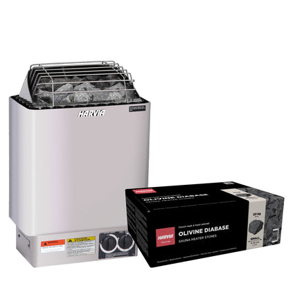 Harvia KIP80B sauna heater package in stainless steel: the KIP80B heater with built-in controls and a 44 lb box of AC3000 stones