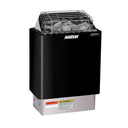 Harvia KIP80W 8kW wall-mounted electric sauna heater in graphite black, front view with the wire stone guard and rating label, on white