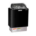 Harvia KIP80W 8kW wall-mounted electric sauna heater in graphite black, front view with the wire stone guard and rating label, on white