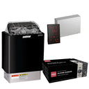 Harvia KIP80W sauna heater package in graphite black: the KIP80W heater, Xenio CX170 control panel and power unit, and a 44 lb box of AC3000 stones