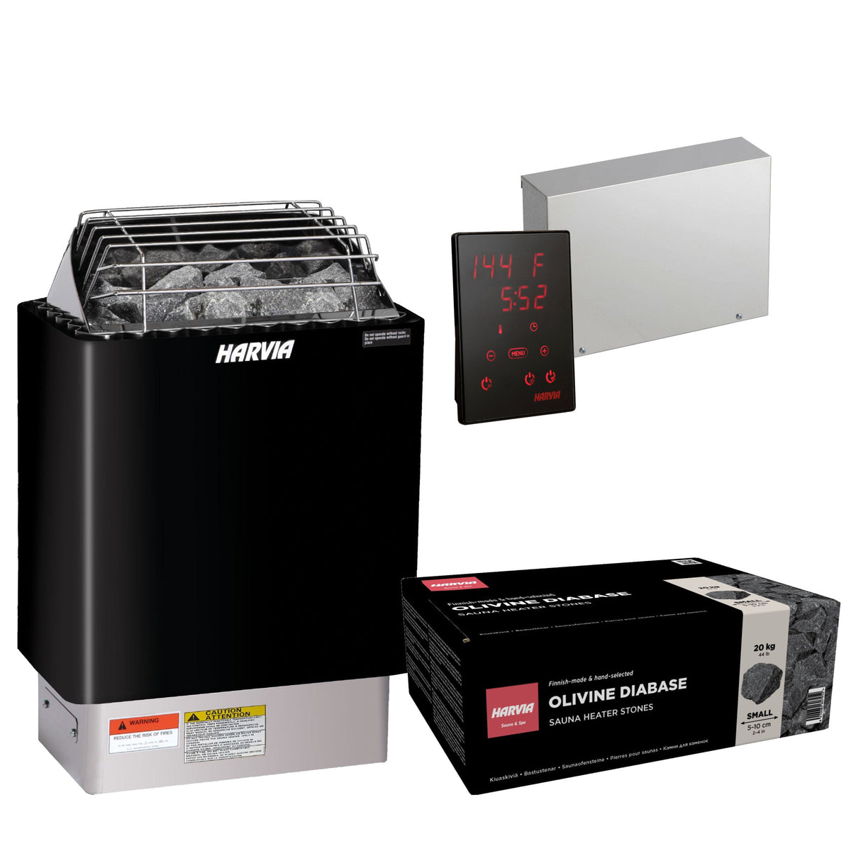 Harvia KIP80W sauna heater package in graphite black: the KIP80W heater, Xenio CX170 control panel and power unit, and a 44 lb box of AC3000 stones
