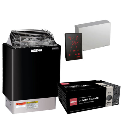 Harvia KIP80W sauna heater package in graphite black: the KIP80W heater, Xenio CX170 control panel and power unit, and a 44 lb box of AC3000 stones